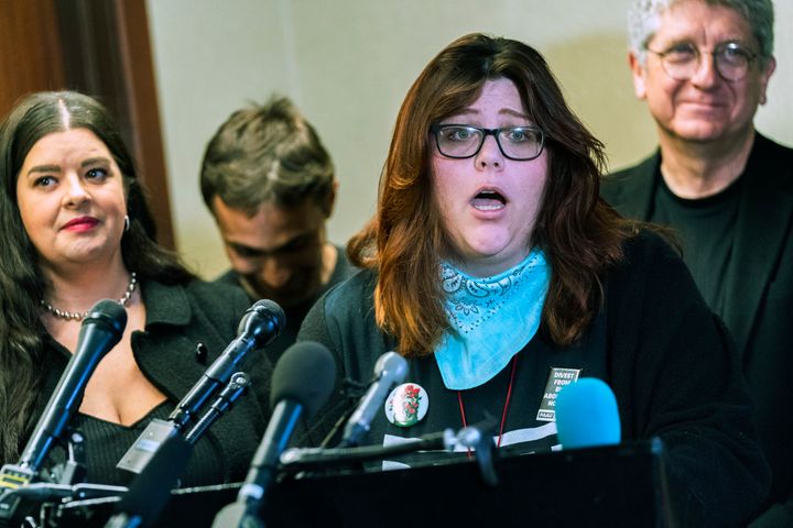 Anti-abortion activists Lauren Handy, front, with Terrisa Bukovinac, from left, Jonathan Darnell, and Randall Terry, speak during a news conference in Washington, April 5, 2022.