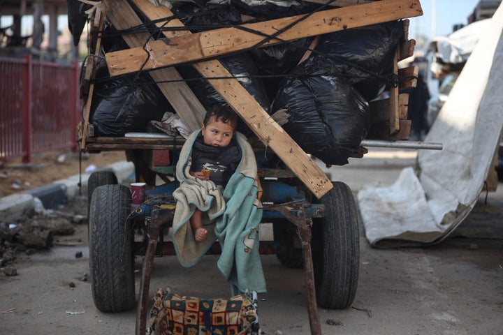 Displaced Palestinians wait to be allowed to return to their homes in northern Gaza after Israel forced them to move south during the war, amid a ceasefire between Israel and Hamas, in the central Gaza Strip, on Jan. 26, 2025.