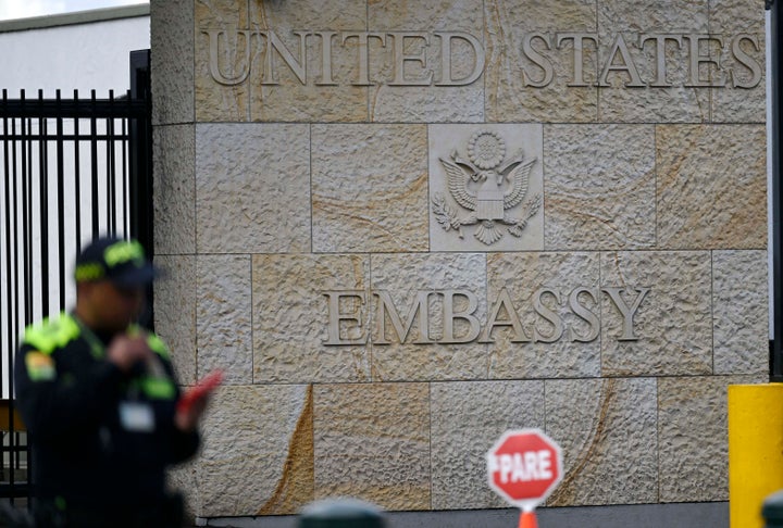 A guard stands outside the United States Embassy in Bógota on Jan. 26, 2025. Colombian President Gustavo Petro announced that he will impose 50% tariffs on U.S. exports, in response to President Donald Trump's vow to hit Colombia with steep tariffs and other sanctions after Petro blocked the landing of two U.S. military planes carrying deported migrants.