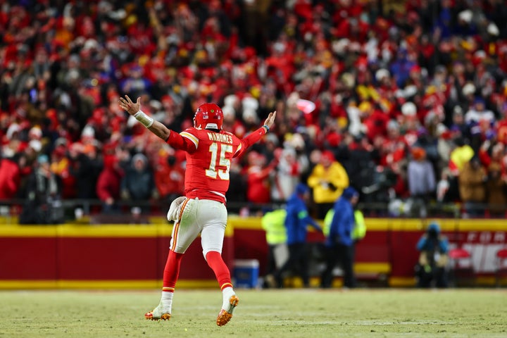 KANSAS CITY, MISSOURI - JANUARY 26: Patrick Mahomes #15 of the Kansas City Chiefs celebrates after a first down late in the fourth quarter of the AFC Championship Game against the Buffalo Bills at GEHA Field at Arrowhead Stadium on January 26, 2025 in Kansas City, Missouri. (Photo by Aaron M. Sprecher/Getty Images)