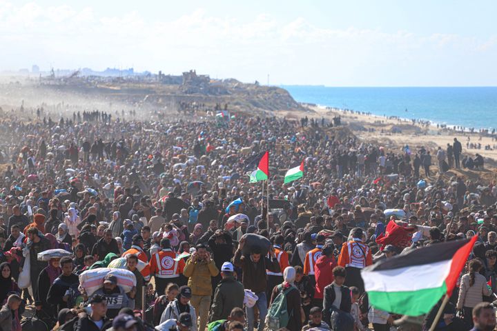 Displaced Palestinians use the Netzarim Corridor to return to their homes in northern Gaza during the ceasefire between Israel and Hamas, on Jan. 27, 2025.