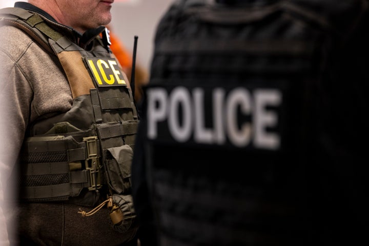 U.S. Immigration and Customs Enforcement (ICE) agents and other federal law enforcement agencies attend a pre-enforcement meeting in Chicago, Illinois, on Sunday, Jan. 26, 2025. President Donald Trump has pledged to carry out the largest deportation effort in U.S. history, vowing to ultimately deport all of the foreigners living in the country without permission.