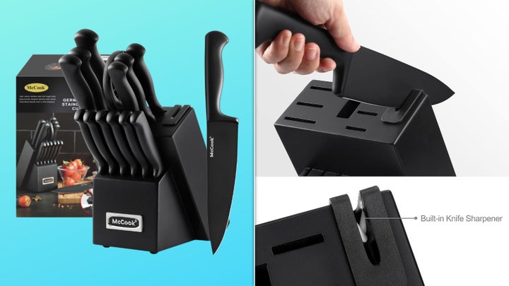 This knife set has a built-in sharpener to keep cuts fresh. Grab it at a major discount today.