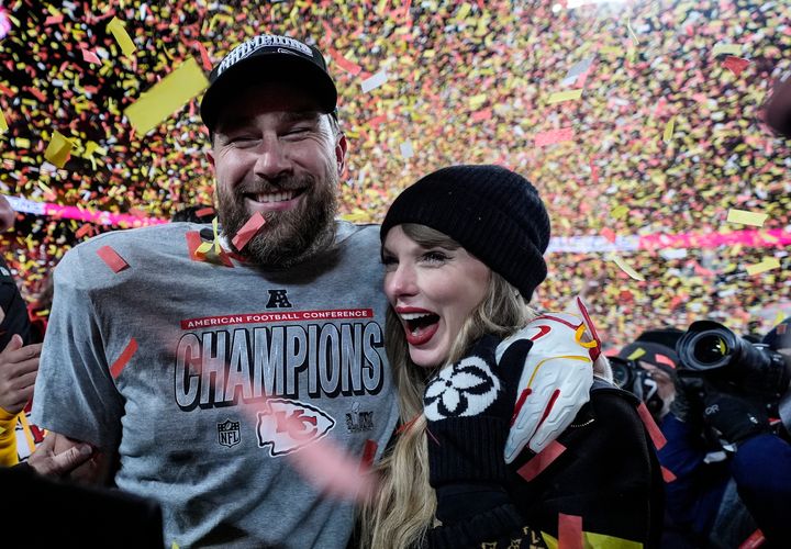 Travis Kelce and Taylor Swift pictured after the AFC Championship NFL football game against the Buffalo Bills on Sunday night