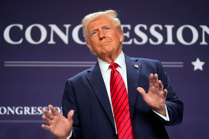 President Donald Trump arrives to speak at the 2025 House Republican Members Conference Dinner at Trump National Doral Miami in Doral, Fla., Monday, Jan. 27, 2025.