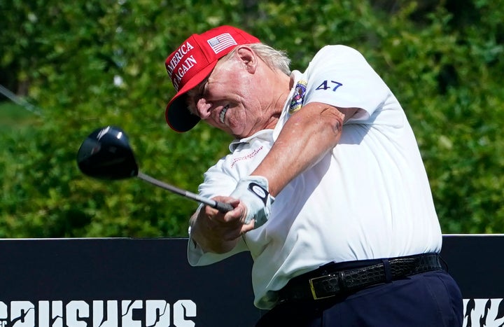 Donald Trump, pictured playing golf in August 2023, is already on pace to play more than he did in his first term as president. 