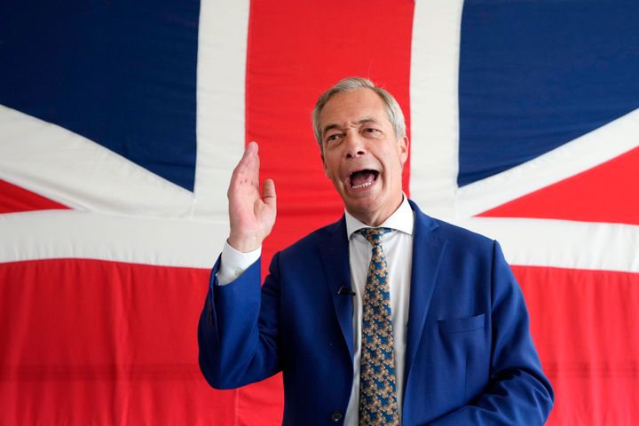 Britain's Reform UK party leader Nigel Farage is interviewed by Associated Press at their headquarters in Clacton-On-Sea, Essex, England, Friday, June 21, 2024.