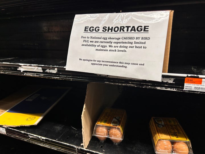 A disclaimer at a New York City food mart about the ongoing bird flu affecting the egg supply.