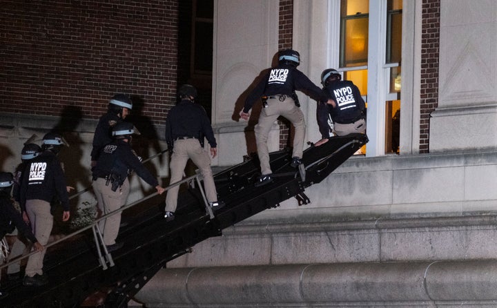 New York City police enter an upper floor of Columbia University's Hamilton Hall using a tactical vehicle on April 30, 2024, after pro-Palestinian protesters took over a building.