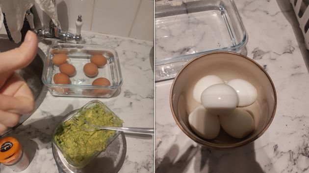 Eggs in an ice bath next to peeled boiled eggs (most of the ice in the bath had melted by the time I took the picture!)