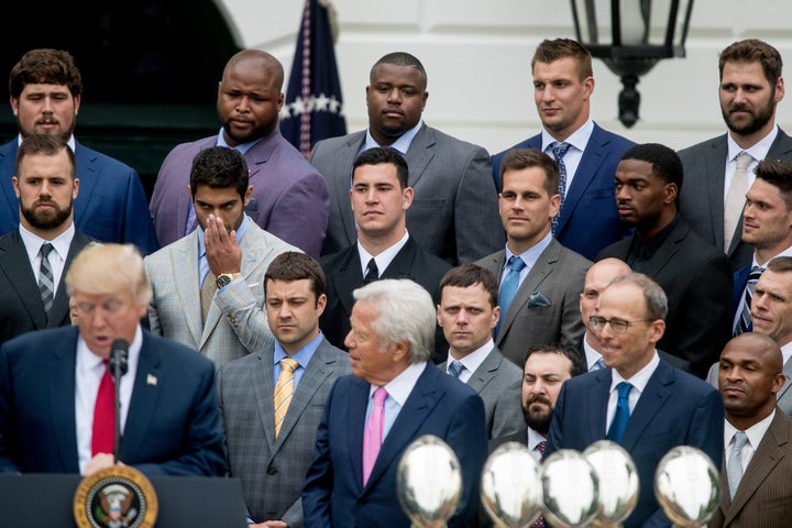 Rob Gronkowski (second from the right in back row) watches President Donald Trump speak in 2017.