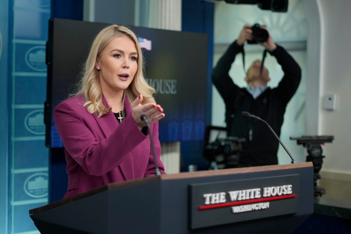 White House press secretary Karoline Leavitt photographed during her debut press briefing at the White House in Washington on Tuesday, Jan. 28, 2025.