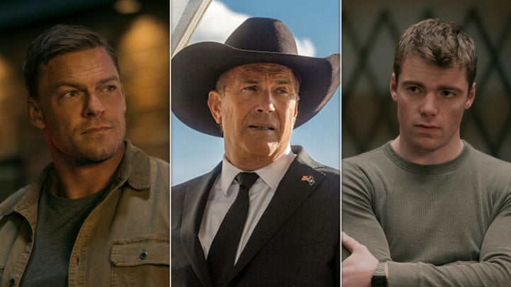 Alan Ritchson in "Reacher," Kevin Costner in "Yellowstone," and Gabriel Basso in "The Night Agent."