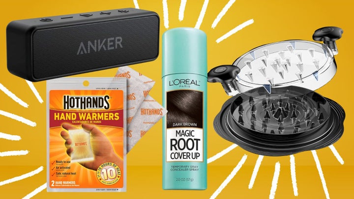 Hot Hands hand warmers, an Anker Bluetooth speaker, a magic root cover-up spray and a meat shredder.