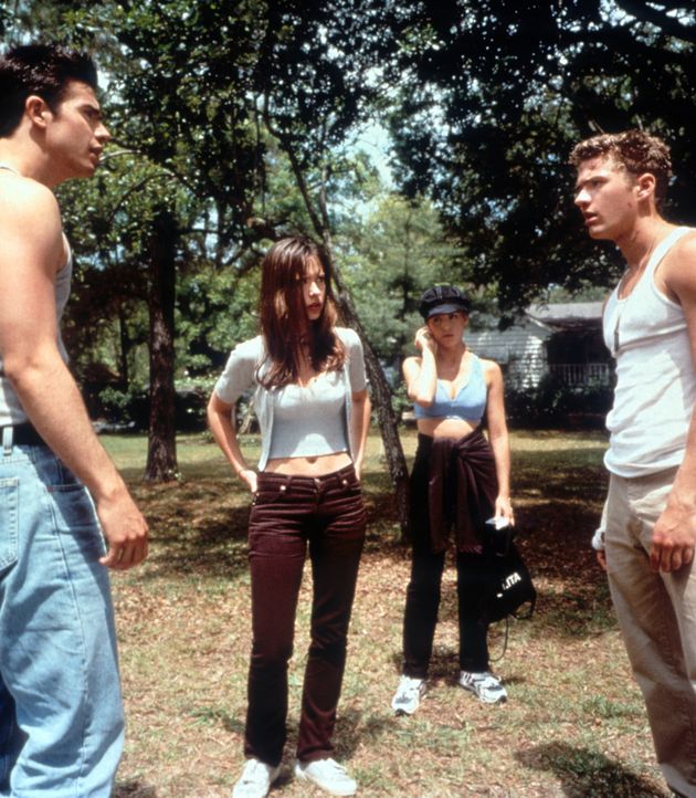 Freddie Prinze Jr., Jennifer Love Hewitt, Sarah Michelle Gellar and Ryan Phillippe in the 1997 horror film, I Know What You Did Last Summer.