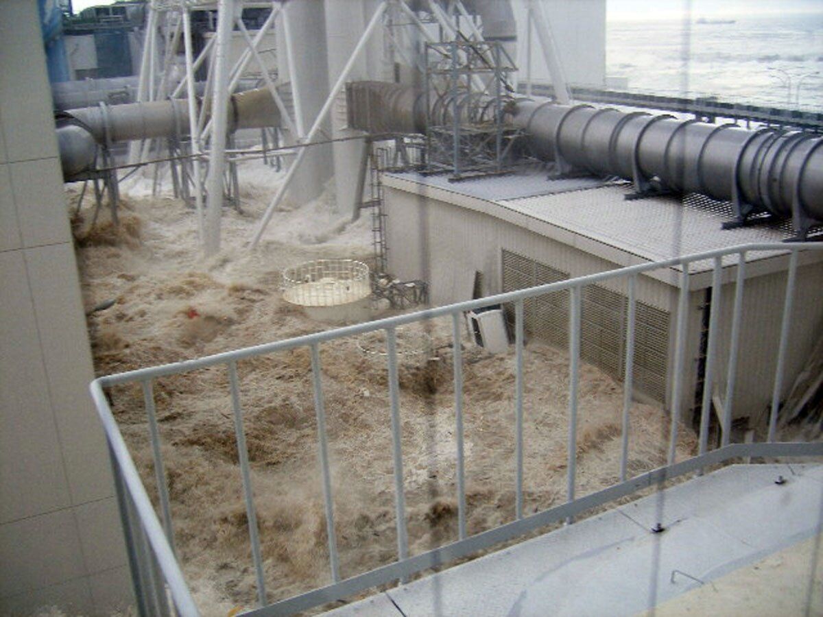 Tsunami floodwaters deluge the Radiation Waste Treatment Facility at the Fukushima Daiichi nuclear plant on March 11, 2011 in Fukushima Prefecture, Japan.