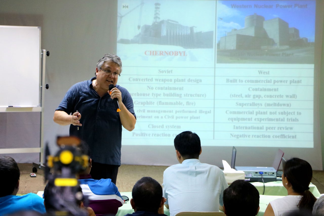 Former Congressman Mark Cojuangco (standing) explains the advantage of using nuclear as source of energy during the briefing conferences about the use of Bataan Nuclear Power Plant at the office of Bataan Nuclear Power Plant in Morong Bataan. Bataan Nuclear Power Plant is a nuclear power plant, completed but never fueled, on Bataan Peninsula, 100 kilometer (62 mi) west of Manila in the Philippines.