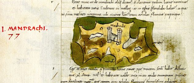 Cristoforo Buondelmonti (Φλωρεντίνος, 1385-1430) Liber Insularum Archipelagi, 1420. Μελάνι και υδατογραφίες σε περγαμηνή. 45,5 x 30 εκ. (ανοιχτό)