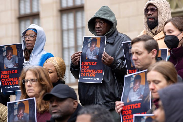 Family members and activists on Thursday, Jan. 23, 2025 protest the death of Cornelius Taylor, an unhoused man killed when the city cleared an encampment in Atlanta .