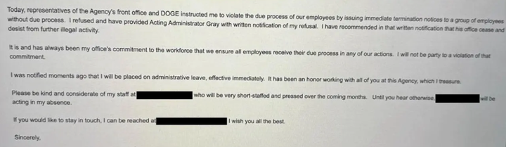 Hours later, the labor relations director himself was put on leave. He said the agency’s front office and the Department of Government Efficiency had instructed him to fire his colleagues without due process.