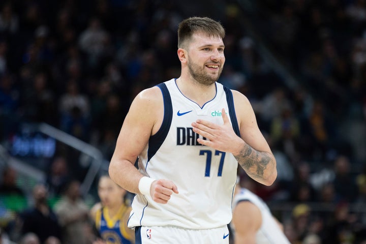 Dallas Mavericks forward Luka Doncic gestures during the second half of an NBA basketball game against the Golden State Warriors on Dec. 15, 2024, in San Francisco.