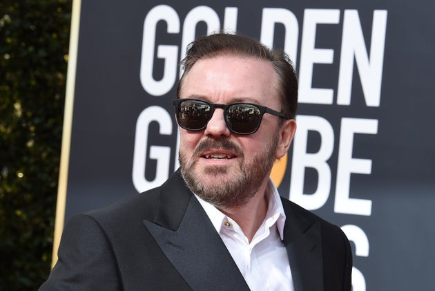 Ricky Gervais on the red carpet of the Golden Globes in 2020