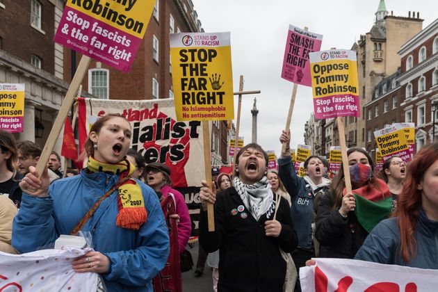 Protesters march against racism, Islamophobia and the far right in a counter-protest to the gathering of supporters of far-right activist Tommy Robinson in London, United Kingdom on February 01, 2025,