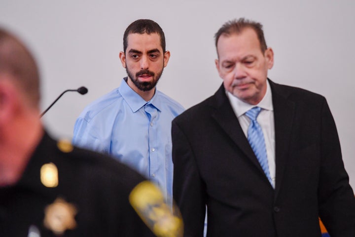 Hadi Matar, left, is led into Chautauqua County court by public defender Nathaniel Barone before the start of jury selection in Mayville, N.Y., Tuesday, Feb. 4, 2025. (AP Photo/Adrian Kraus)