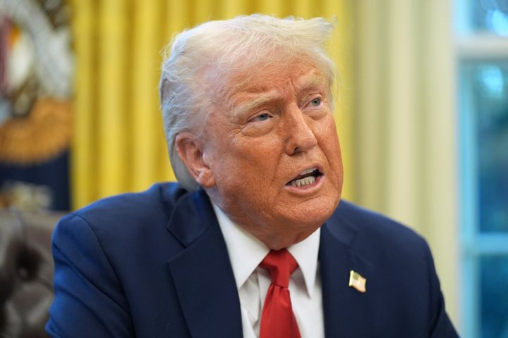 President Donald Trump speaks as he signs executive orders in the Oval Office of the White House on Monday, Feb. 3, 2025, in Washington.