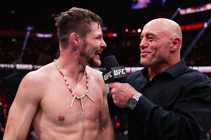 Bryce Mitchell, currently under fire for Hitler comments, is interviewed by Joe Rogan after a victory in December 2024.