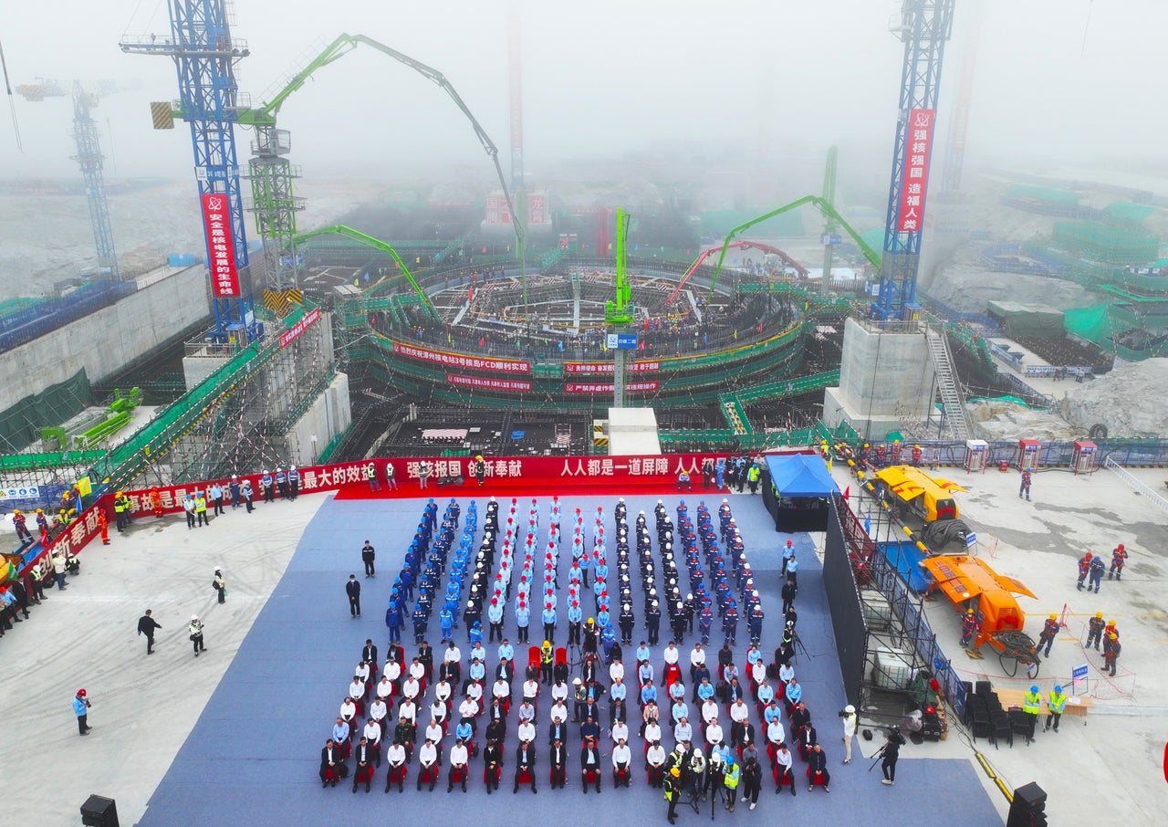 An aerial drone photo taken on Feb. 22, 2024 shows construction on the second phase of the Zhangzhou nuclear power project in Zhangzhou, southeast China's Fujian Province. China has begun construction on the second phase of the Zhangzhou nuclear power project using Hualong One reactors, domestically developed third-generation reactors, in the city of Zhangzhou, southeast China's Fujian Province.