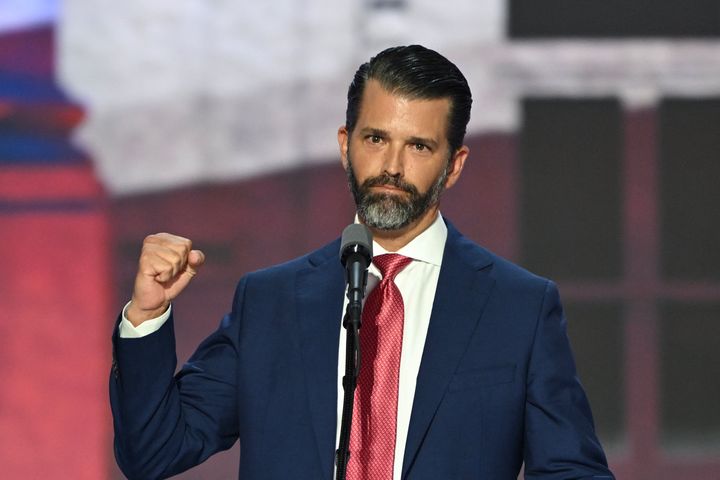 Donald Trump Jr. speaks at the 2024 Republican National Convention in July. He has been accused of killing a protected bird in an illegal hunt in Italy.