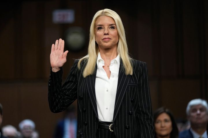 Pam Bondi, President-elect Donald Trump's choice to lead the Justice Department as attorney general, is sworn in before the Senate Judiciary Committee for her confirmation hearing, at the Capitol in Washington, Wednesday, Jan. 15, 2025.