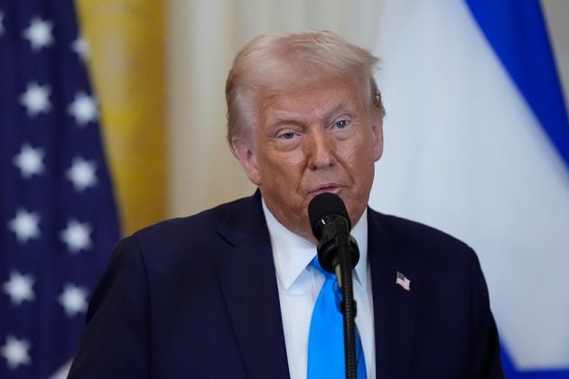 President Donald Trump speaks during a news conference with Israeli Prime Minister Benjamin Netanyahu in the East Room of the White House.