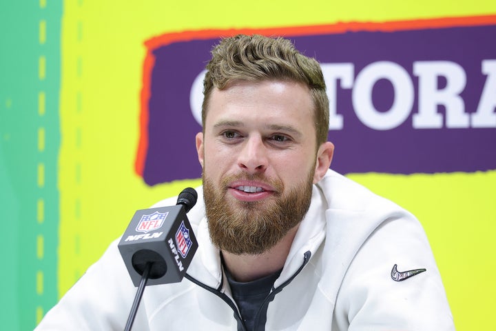 Harrison Butker talks to the media at a Super Bowl press conference on Monday in New Orleans.