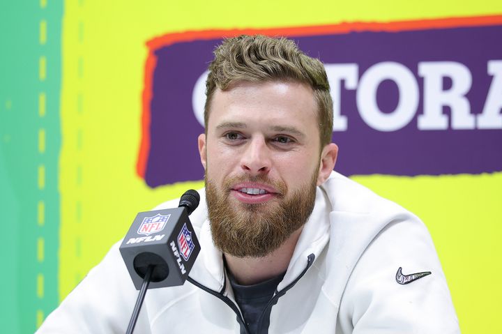 Harrison Butker talks to the media at a Super Bowl press conference on Monday in New Orleans. 