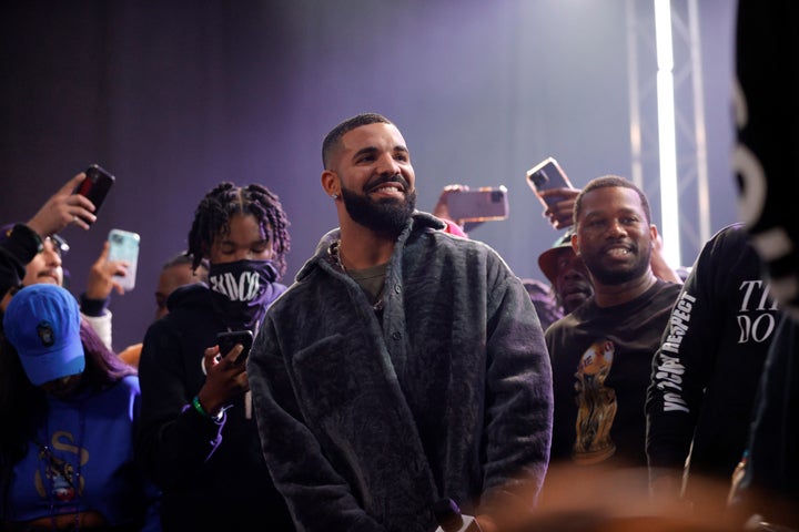 Drake speaks onstage during "Drake's Till Death Do Us Part" rap battle on Oct. 30, 2021, in Long Beach, California, likely where there was a lot of defaming going on.