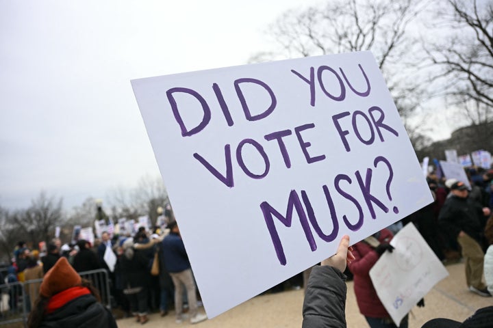 People protest against President Donald Trump and Elon Musk's plan to shut down USAID outside the U.S. Capitol on Feb. 5.