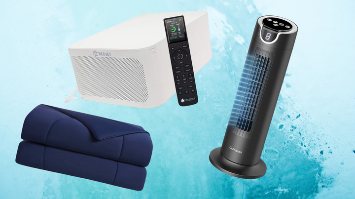 A Rest comforter, BedJet 3 ventilation unit and Dr.Prepare tower fan.