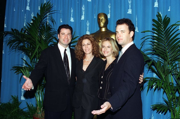 John Travolta, Kelly Preston, Tom Hanks and Rita Wilson before the 1995 Oscars