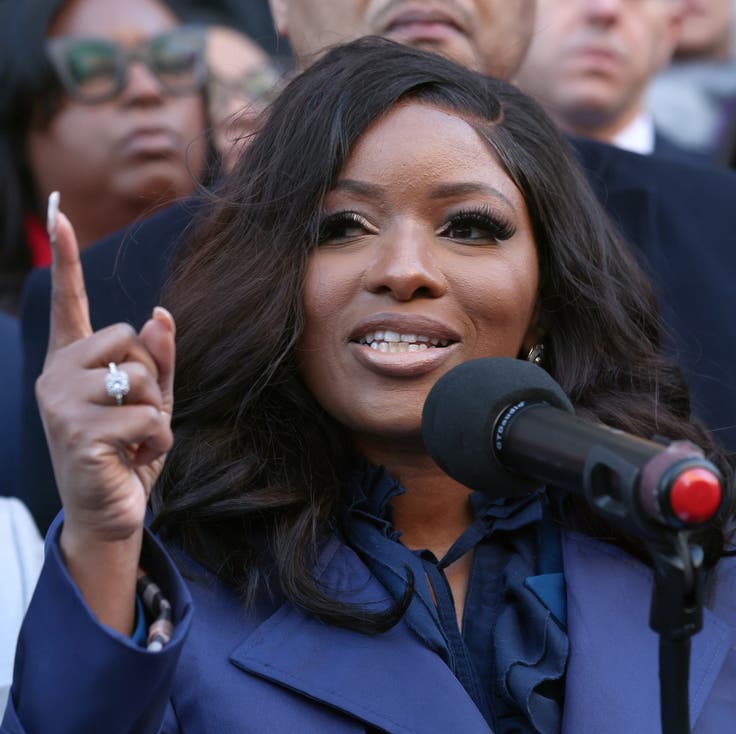 Rep. Jasmine Crockett (D-Texas) speaks during the We Choose To Fight: Nobody Elected Elon rally at the Treasury Department on Tuesday in Washington, D.C. Rep. Jasmine Crockett (D-Texas) speaks during the We Choose To Fight: Nobody Elected Elon rally at the Treasury Department on Tuesday in Washington, D.C.