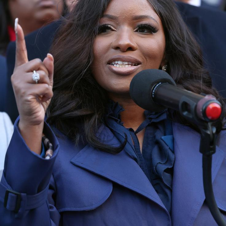 Rep. Jasmine Crockett (D-Texas) speaks during the We Choose To Fight: Nobody Elected Elon rally at the Treasury Department on Tuesday in Washington, D.C.