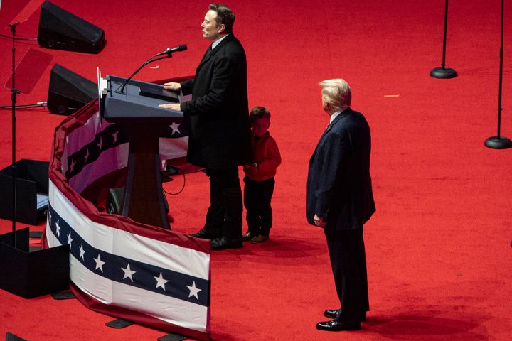 WASHINGTON, DC - JANUARY 19: SpaceX and Tesla CEO Elon Musk, with his son X, speaks at President-Elect Donald Trump's victory rally at the Capital One Arena on January 19, 2025 in Washington, DC. Trump will be sworn in as the 47th U.S. president on January 20.(Photo by Kevin Carter/Getty Images)