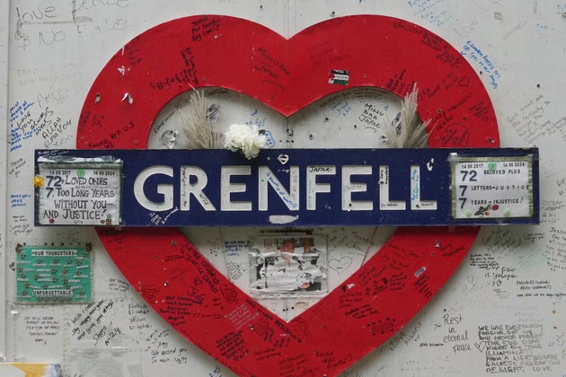 A detail of the memorial wall next to the Grenfell Tower in London, Sept. 2, 2024, after a fire in June 2017 where 72 people were killed.