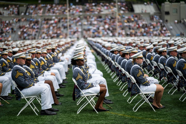 The United States Military Academy's Class of 2021 sits during their graduation ceremony at Michie Stadium on May 22, 2021, in West Point, New York.