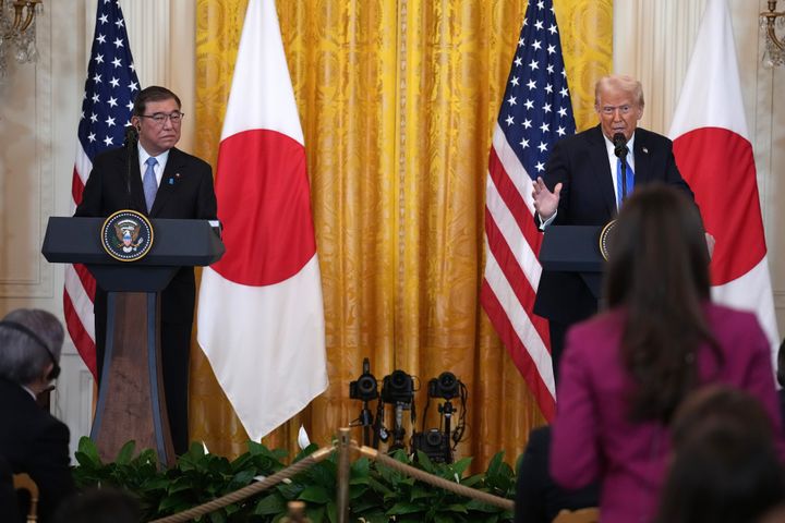 U.S. President Donald Trump and Japanese Prime Minister Shigeru Ishiba hold a joint press conference in the East Room at the White House on February 07, 2025 in Washington, DC. Shigeru, who took office in October, is the first Asian leader to visit Trump since he returned to the White House last month.