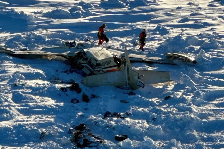 This photo provided by the U.S. Coast Guard on Friday, Feb. 7, 2025, shows a small commuter plane that crashed in western Alaska on a flight that was bound for the hub community of Nome.