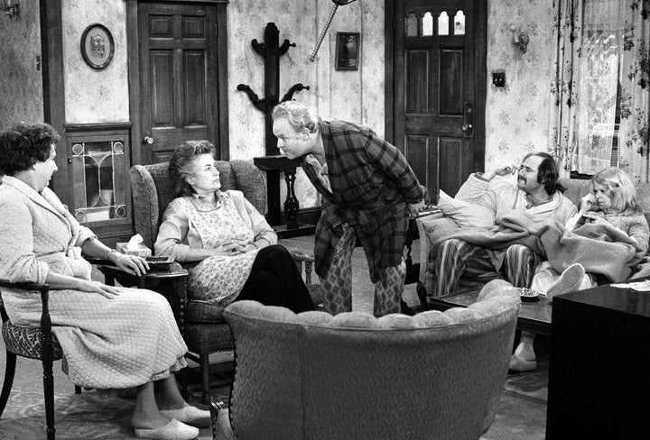 Maude (played by Bea Arthur) visits with the Bunker family (L-R: Jean Stapleton as Edith Bunker, Carroll O'Connor as Archie Bunker, Rob Reiner as "Meathead" Stivic and Sally Struthers as Gloria) in the "Cousin Maude's Visit" episode of the CBS television series "All in the Family."