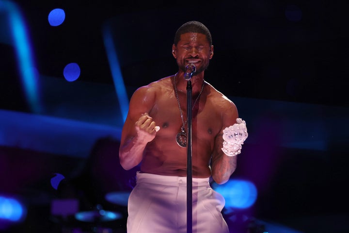 Usher performs during Super Bowl LVIII's halftime show between the Kansas City Chiefs and the San Francisco 49ers at Allegiant Stadium on Feb. 11, 2024, in Las Vegas.