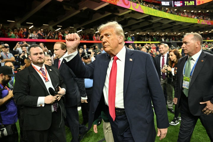 US President Donald Trump visits the field before the start of Super Bowl LIX between the Kansas City Chiefs and the Philadelphia Eagles at Caesars Superdome in New Orleans, Louisiana, February 9, 2025.